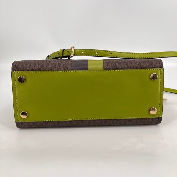 Marilyn Medium Logo Stripe Satchel - Sale | Michael Kors [US] Michael Kors Marilyn Satchel Brown Green Logo Canvas Gold Hardware Size Medium
